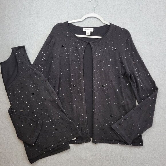 Rena Rowan Womens Silk Blend Sweater Size Large Cardigan Tank Set Black Beaded - Picture 2 of 16
